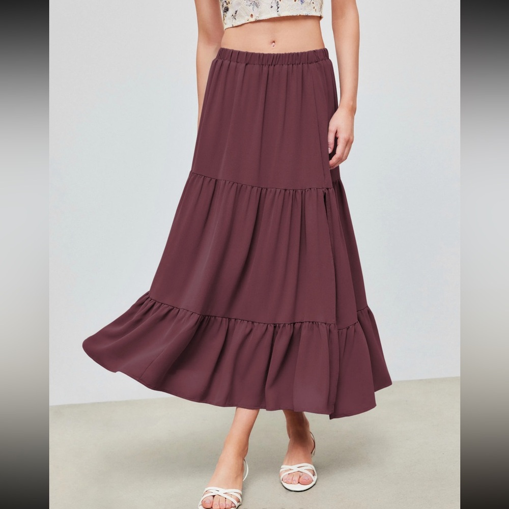 Cider SOLID ELASTIC WAIST RUFFLE HEM TIERED MAXI SKIRT-Size L-Carmine